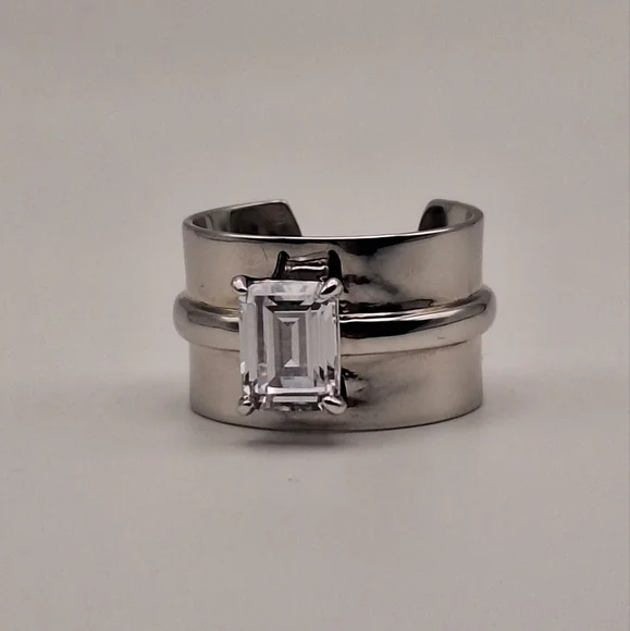 Diamonique x Lisa Freede Emerald-Cut Adjustable Cigar Band Ring–Silver Tone Sz 7 - Picture 12 of 12